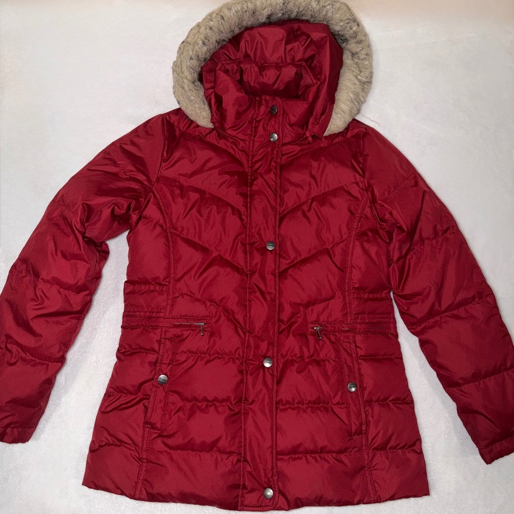 Larry Levine Down Puffer Jacket Red Faux Fur Hood Petite Small PS